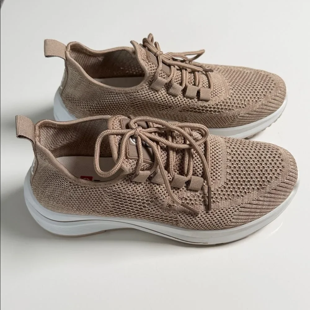 Neutral Knit Lace-Up Sneakers in Taupe